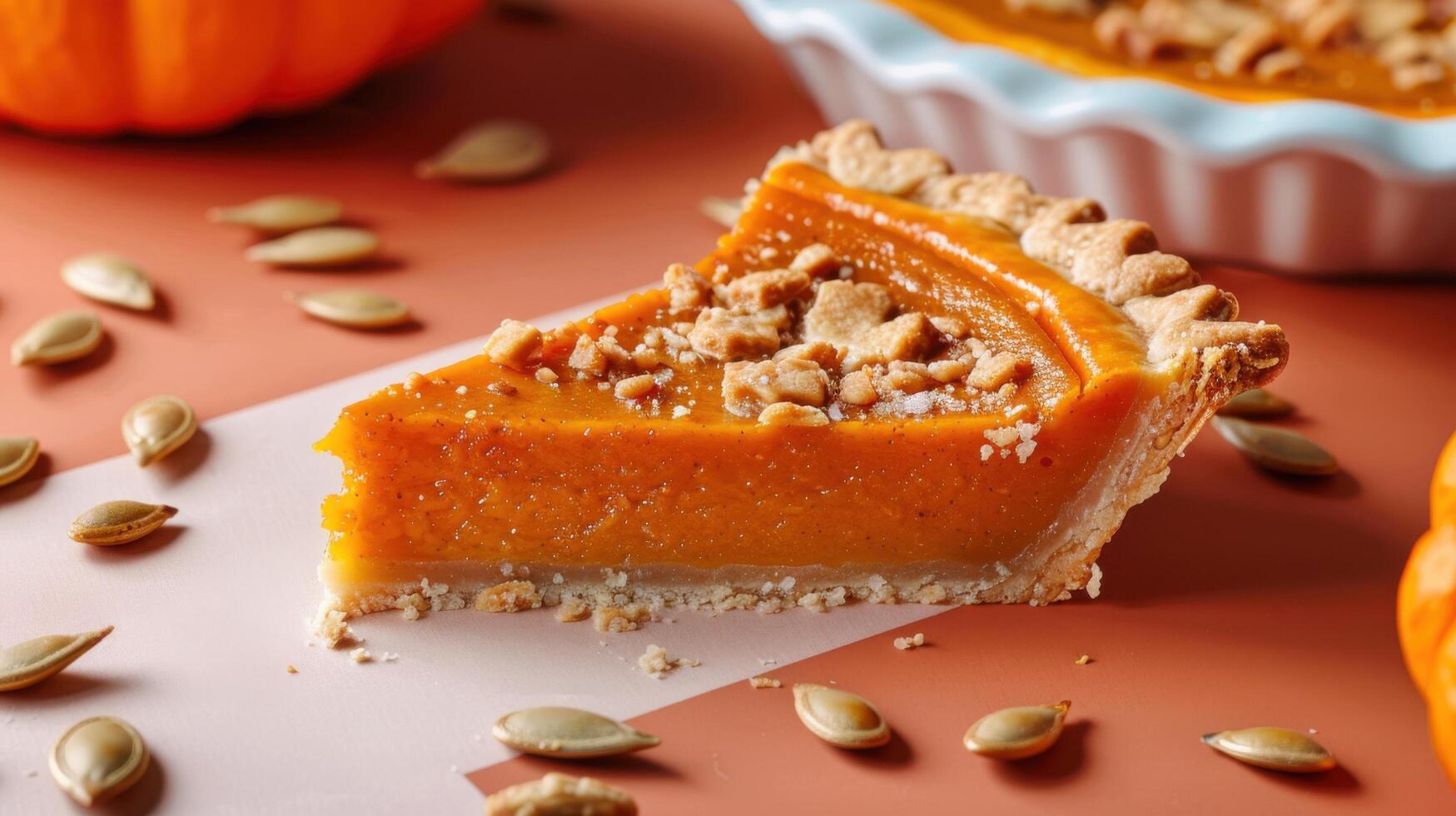 Delicious Homemade Pumpkin Pie Slice with Crumbly Crust and Pumpkin Seeds on a Rustic Autumn Table photo