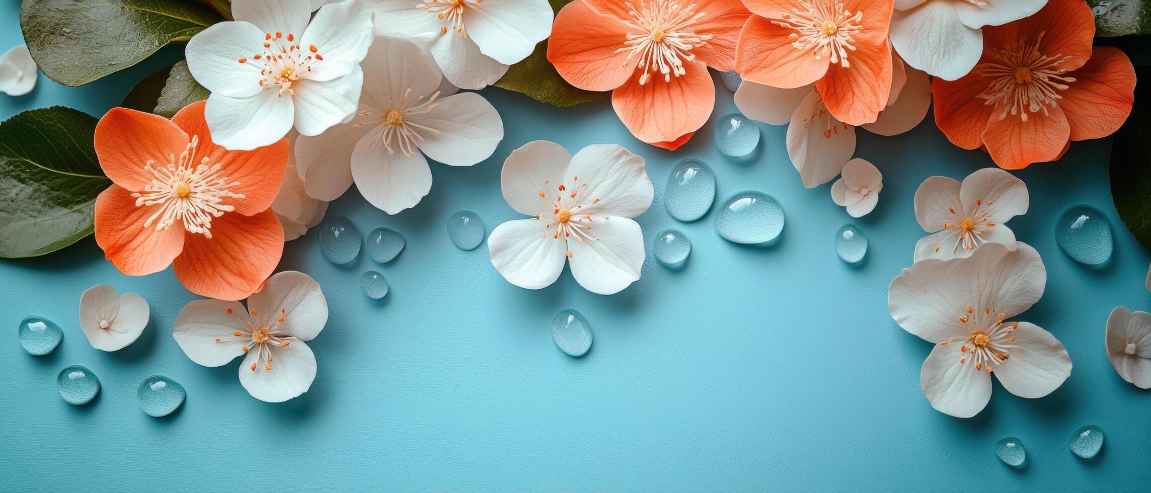 Beautiful Spring Blossoms with Water Droplets on Blue Background - Nature and Floral Photography photo