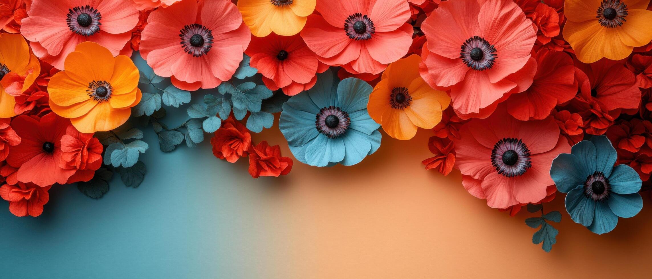 Vibrant Paper Flowers in Various Colors on a Gradient Background for Creative and Artistic Projects photo