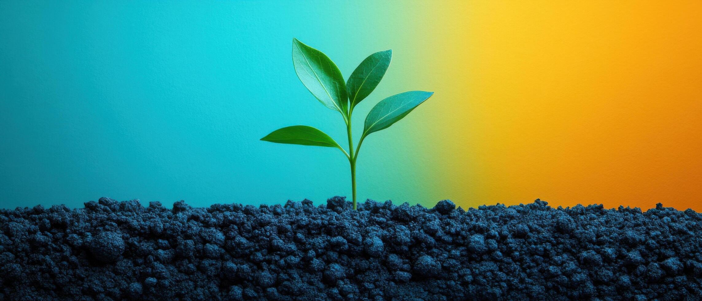 Young Green Plant Growing in Soil Against Vibrant Gradient Background Symbolizing Growth and Renewal photo