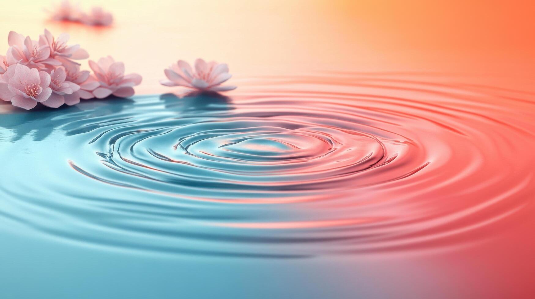 Tranquil Water Ripples with Floating Pink Flowers in a Gradient Sunset Background photo