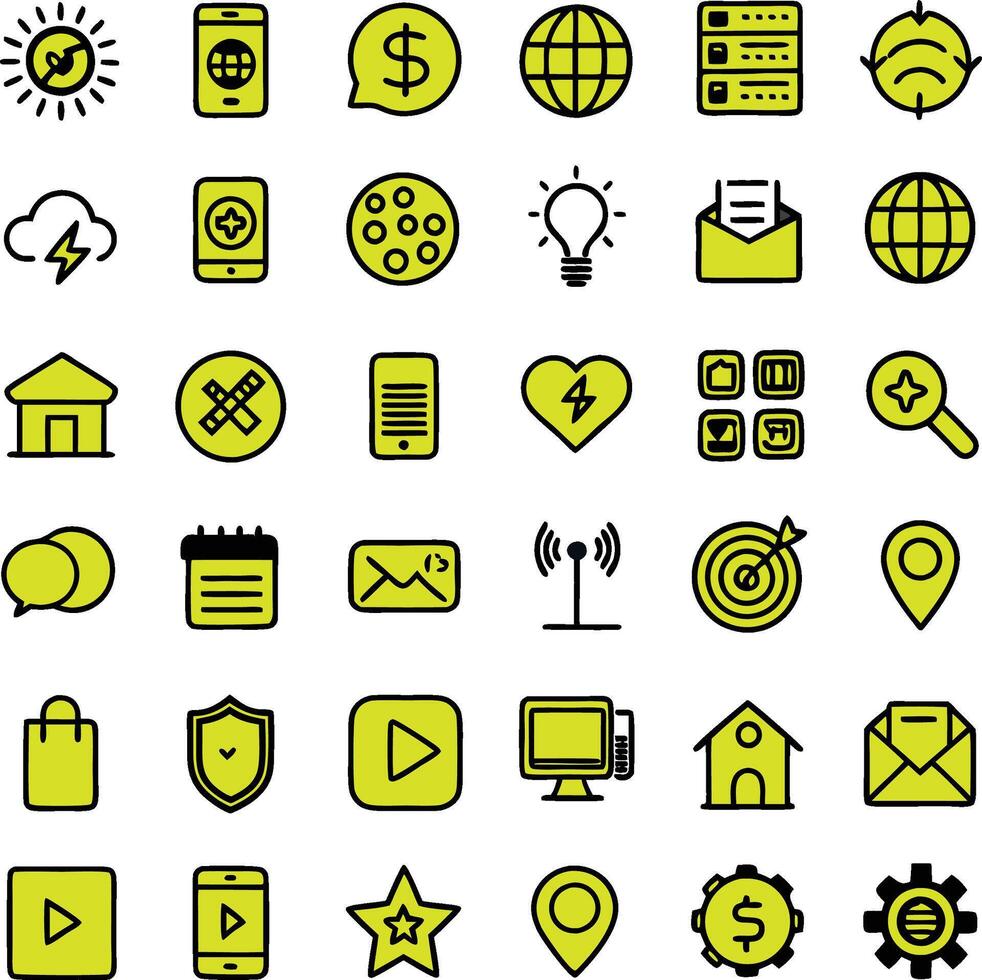 set of yellow thick outline web icons vector
