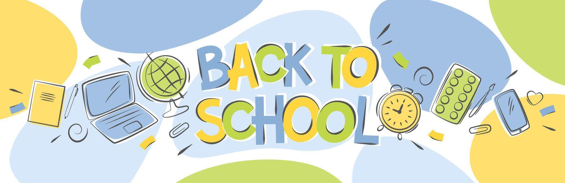 Back to school banner. Abstract background with hand drawn inscription and stationery supplies. Design poster for sales, for ads. vector