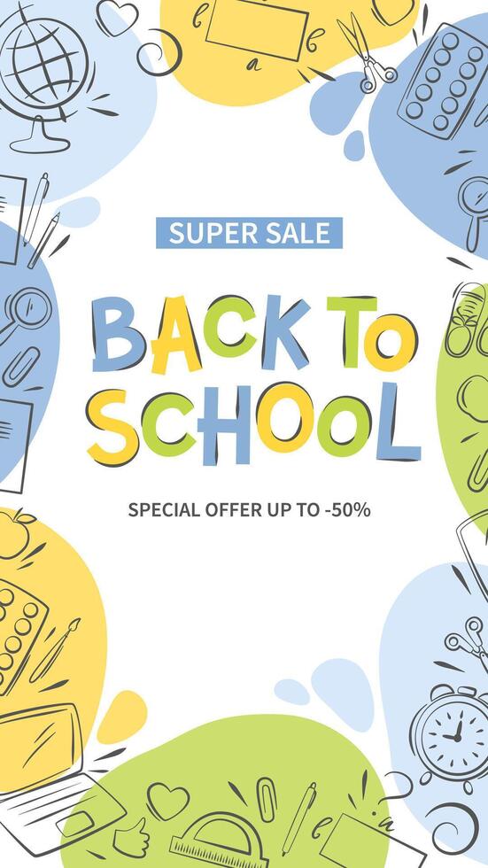 Back to school sale banner. Hand drawn of school supplies and objects. Design poster for Sales, for ads, flyer, header for website. vector