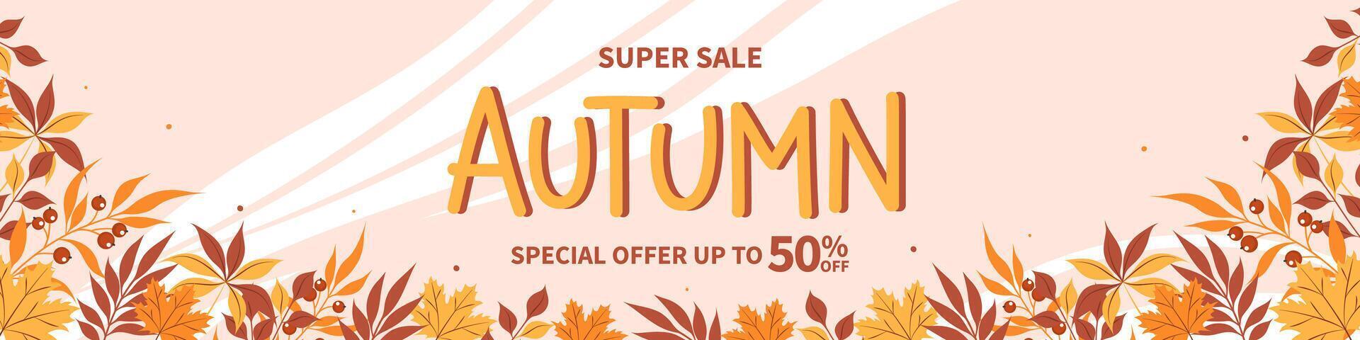 Autumn sale horizontal banner with leaves. Bright poster, flyer with invitation for shopping, template offer of discounts deals. vector