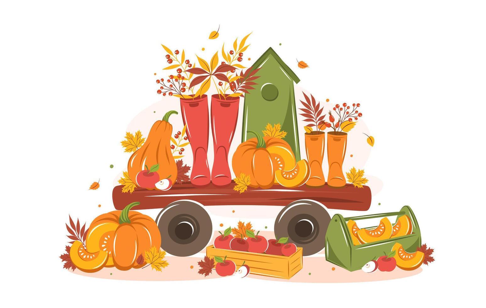 Design banner with with pumpkin, wellies boots and autumn leaves. Happy thanksgiving greeting card. vector