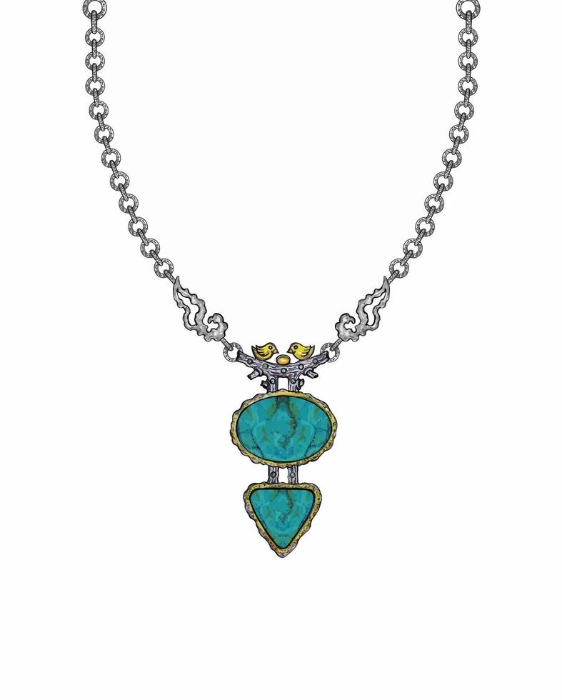Jewelry design couple bird art set with turquoise hand drawing on paper and make graphic . vector