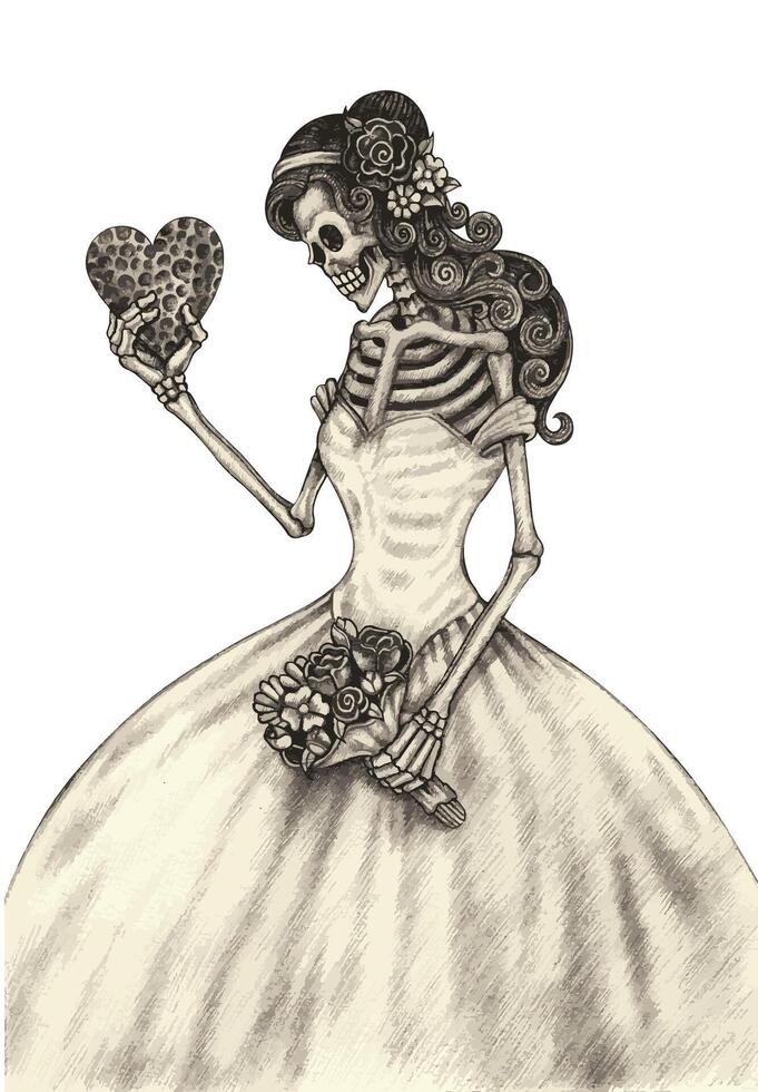 Bride skull in love with heart hand drawing on paper. vector