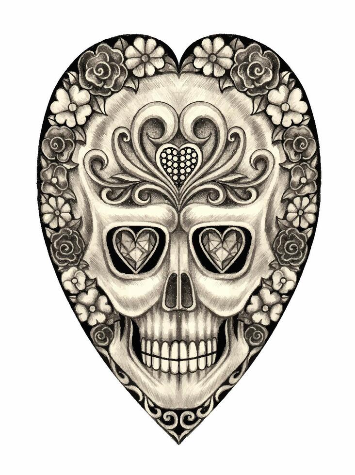 Fancy art flowers heart and skull tattoo hand drawing on paper. vector