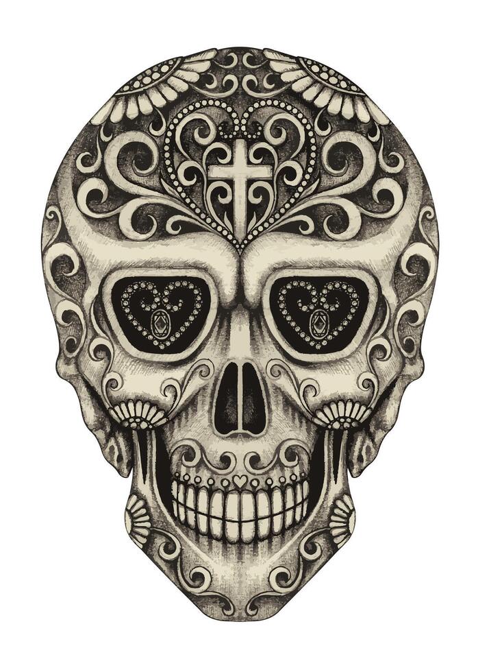Sugar skull day of the dead design by hand drawing on paper. vector
