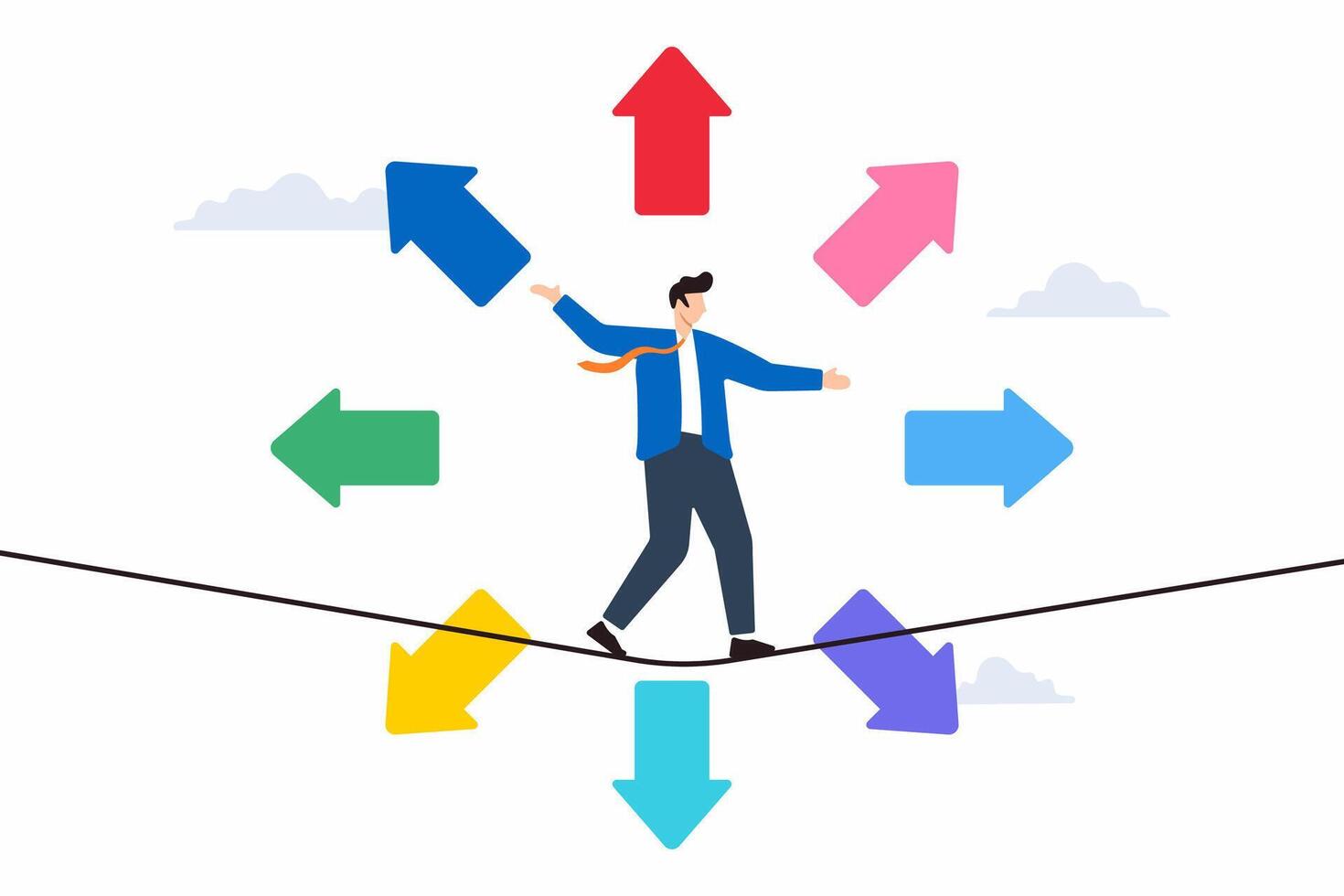 Flat illustration of businessman balancing on tightrope with arrows pointing in different career directions vector