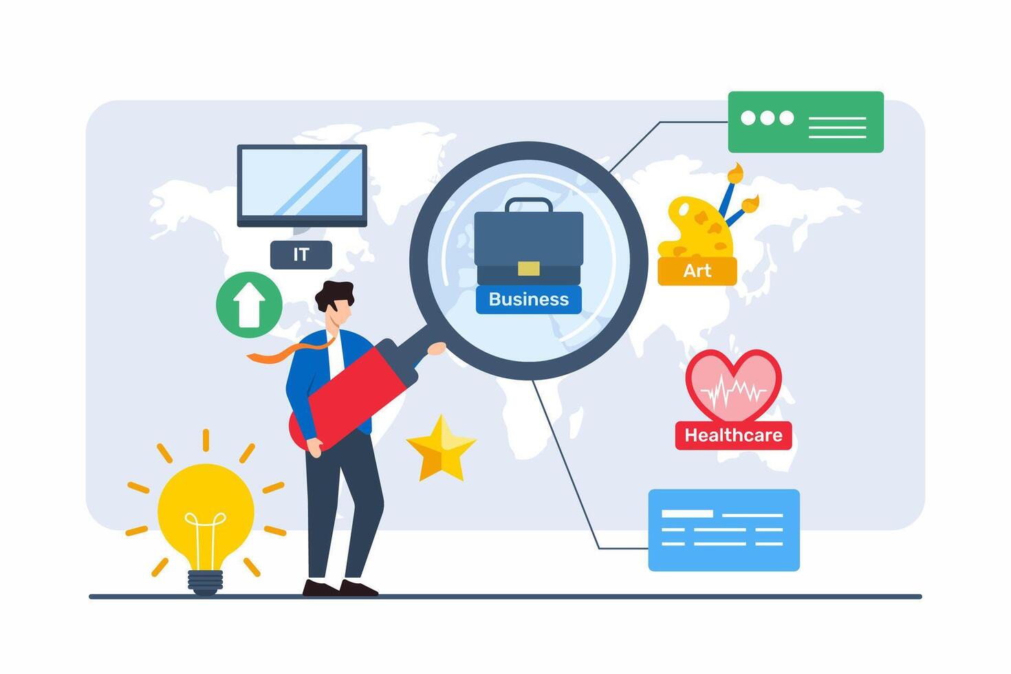 Flat illustration of person with magnifying glass examining various career opportunities on map vector