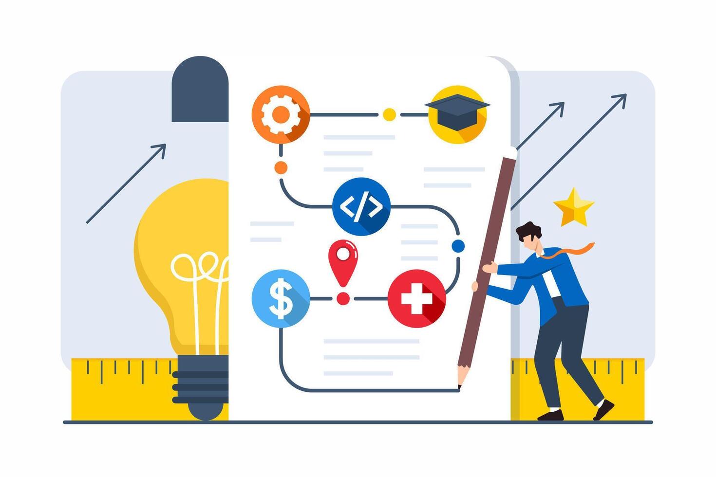 Flat illustration of professional drawing career road map with various branching paths and milestones vector