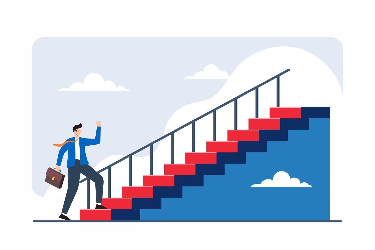 Flat illustration of person setting foot on staircase each step representing different career growth opportunity vector