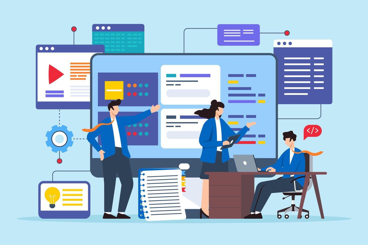 Flat illustration of analysts collaborating to solve technical dilemmas on computer screen vector