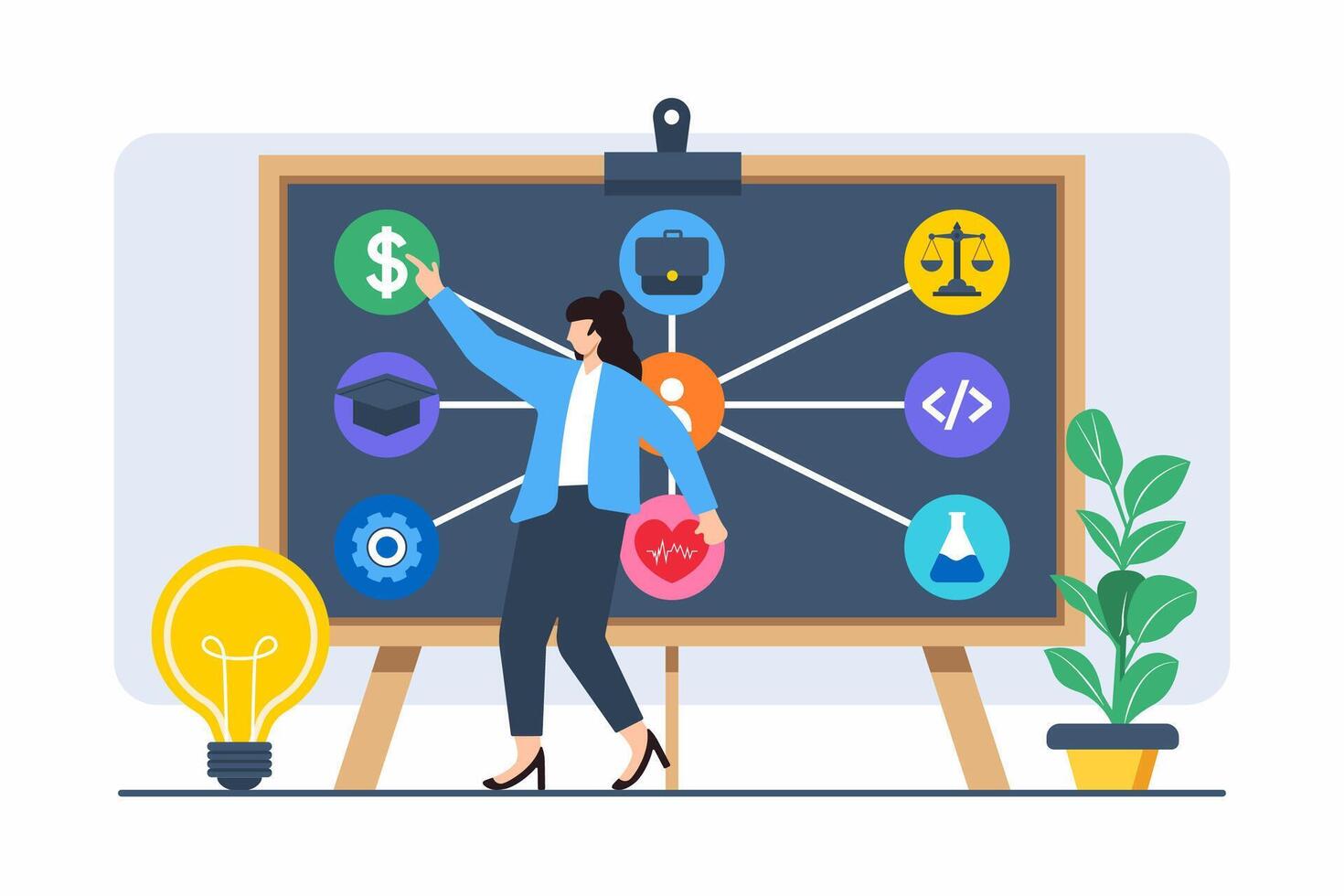 Flat illustration of person choosing path on decision board with various career growth options highlighted vector