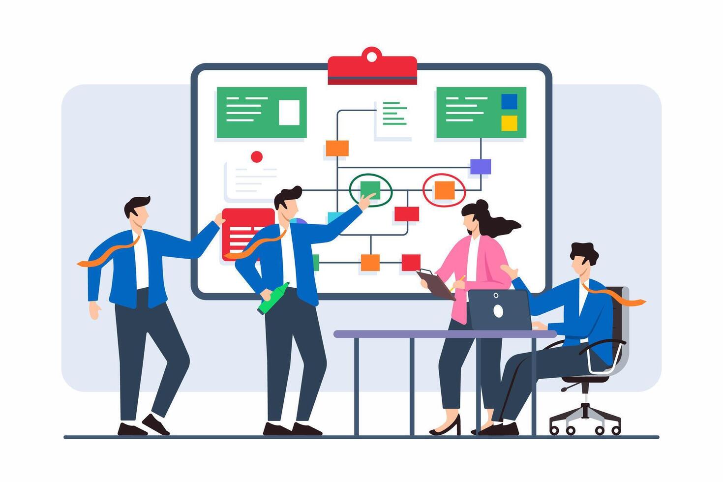 Flat illustration of team members addressing issues with strategic problem-solving on whiteboard vector