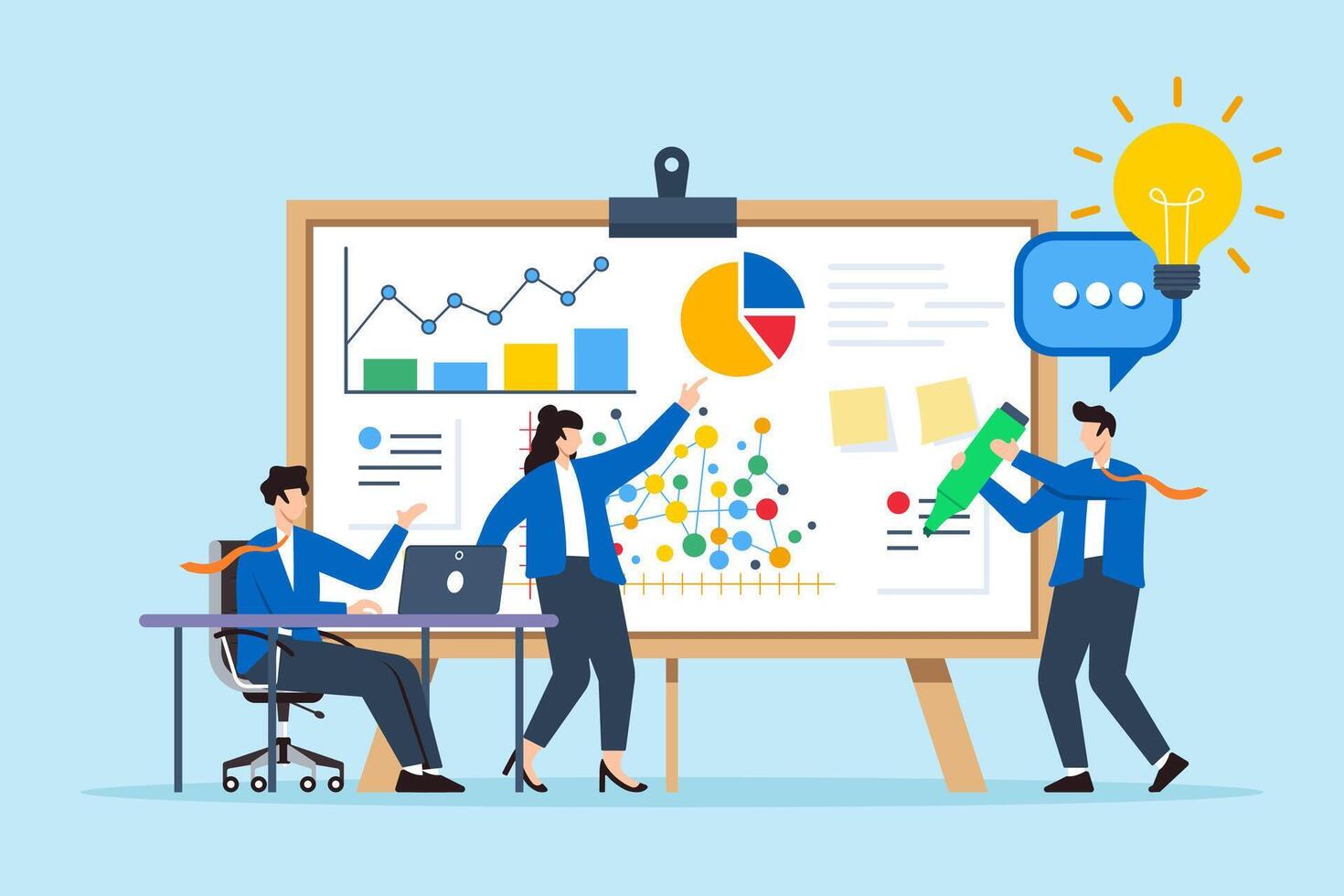 Flat illustration of team of experts brainstorming ideas with data charts on whiteboard vector