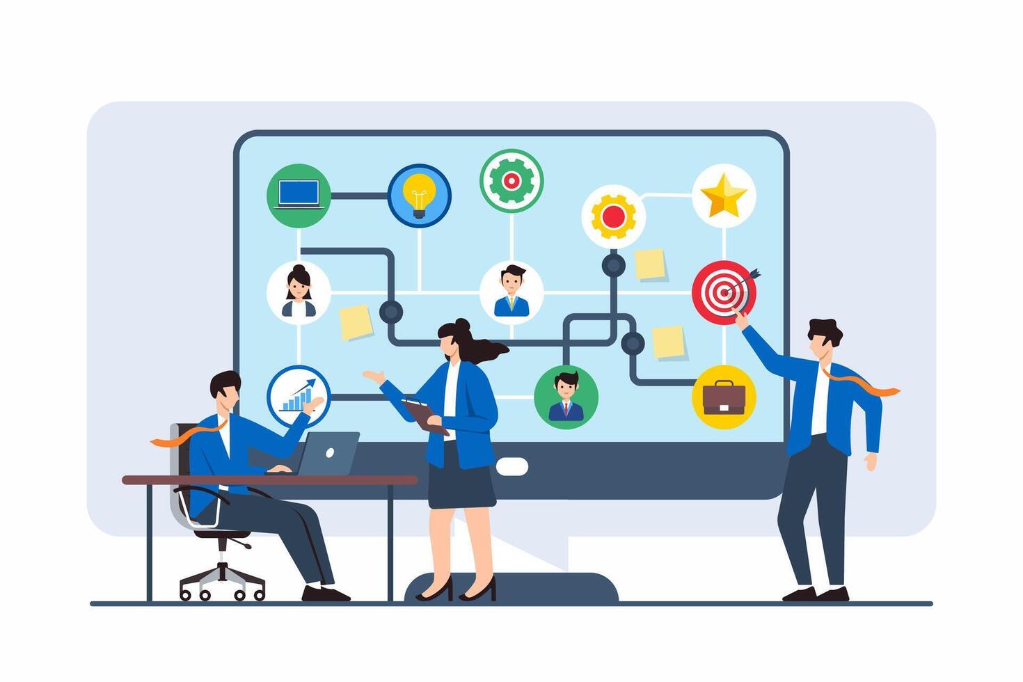 Flat illustration of team using flow diagram to explore different career strategies and opportunities on computer screen vector