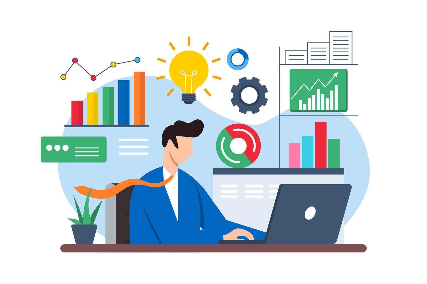 Flat illustration of man at desk studying charts and graphs to overcome difficulty vector
