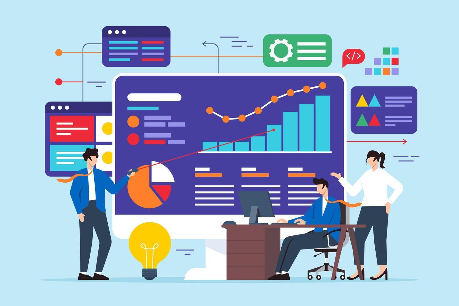 Flat illustration of team of analysts working together to solve technical problem on computer screen vector