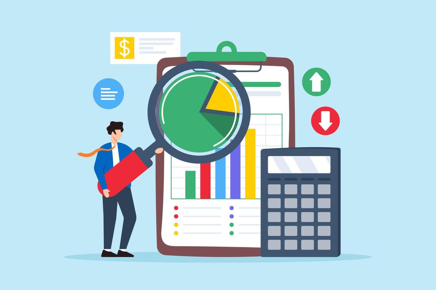 Flat illustration of businessman inspecting financial figures document to find answers vector