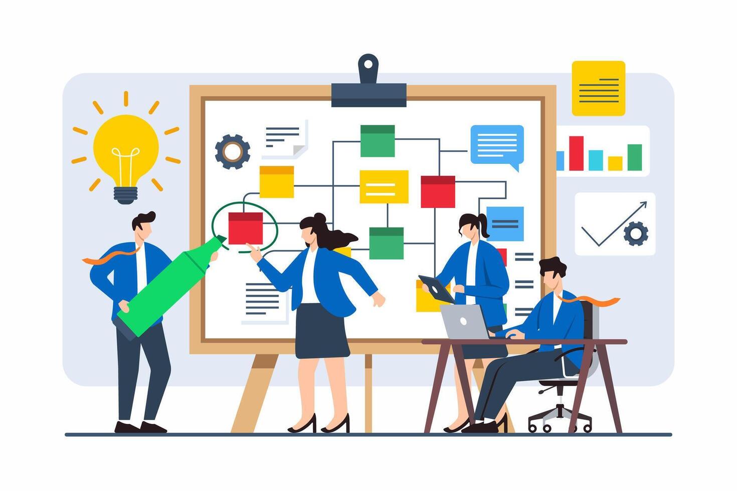 Flat illustration of team strategizing solutions with flowchart on whiteboard vector