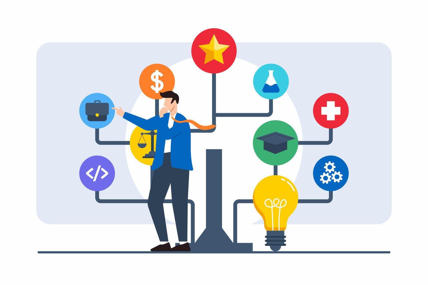 Flat illustration of businessman examining decision tree with various career options and paths vector