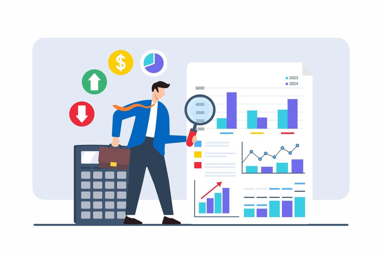 Flat illustration of businessman analyzing documents with numbers graphs and charts to uncover answers vector