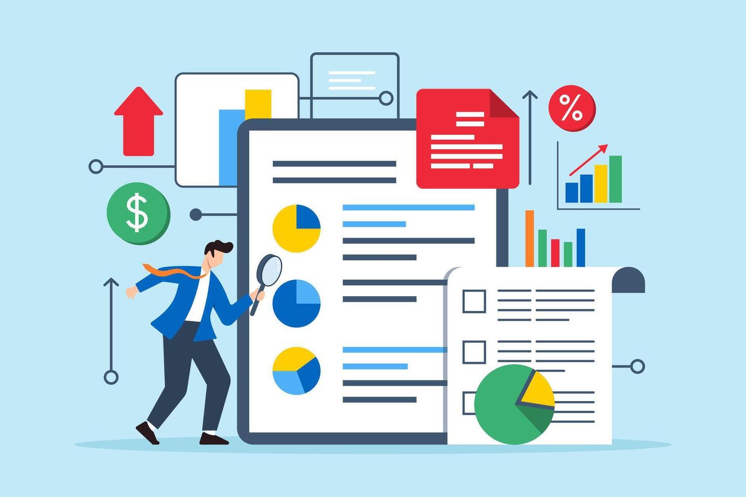 Flat illustration of businessman using magnifying glass to inspect document financial data vector