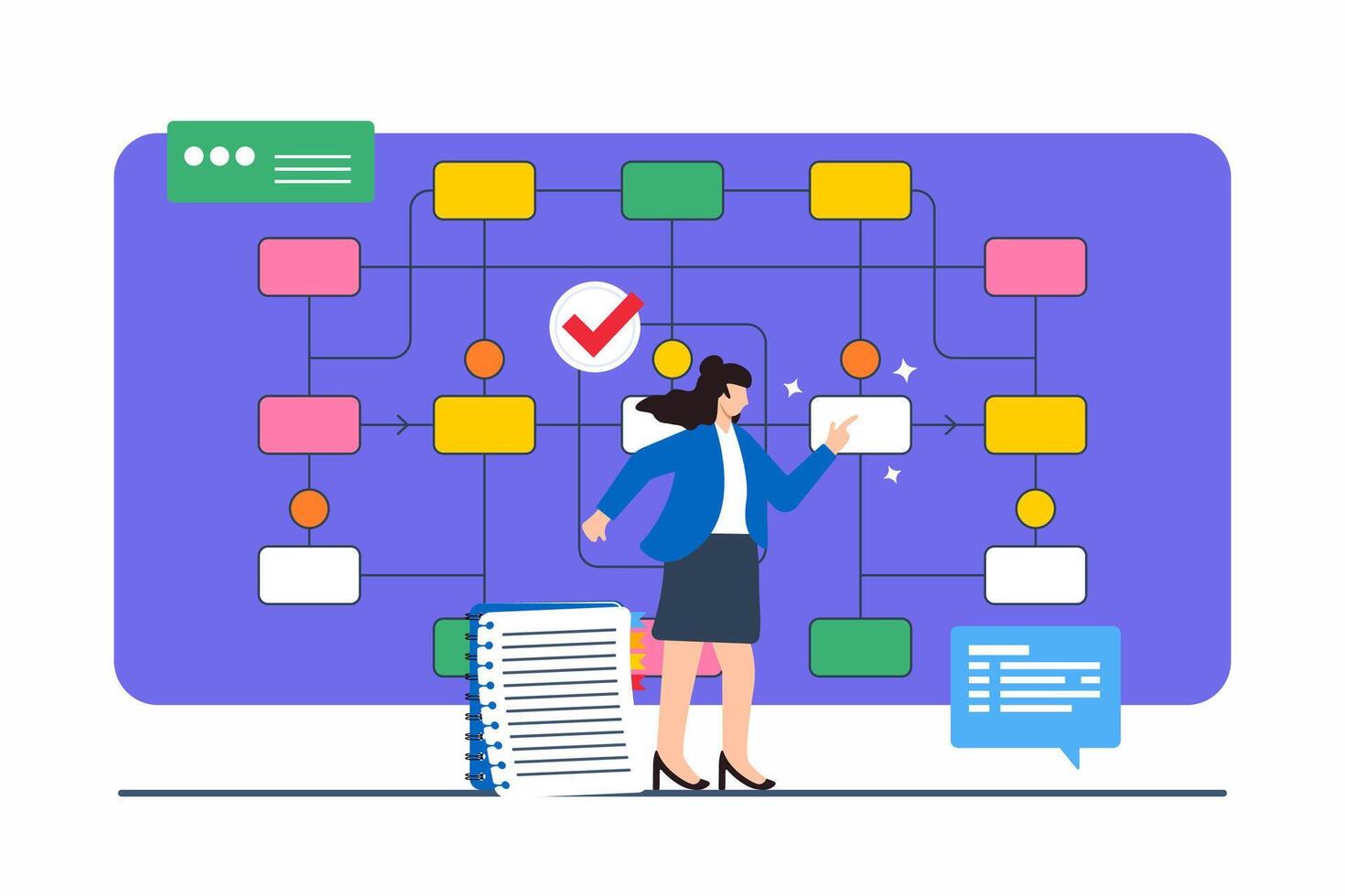 Flat illustration of individual analyzing flowchart with different career progression routes vector