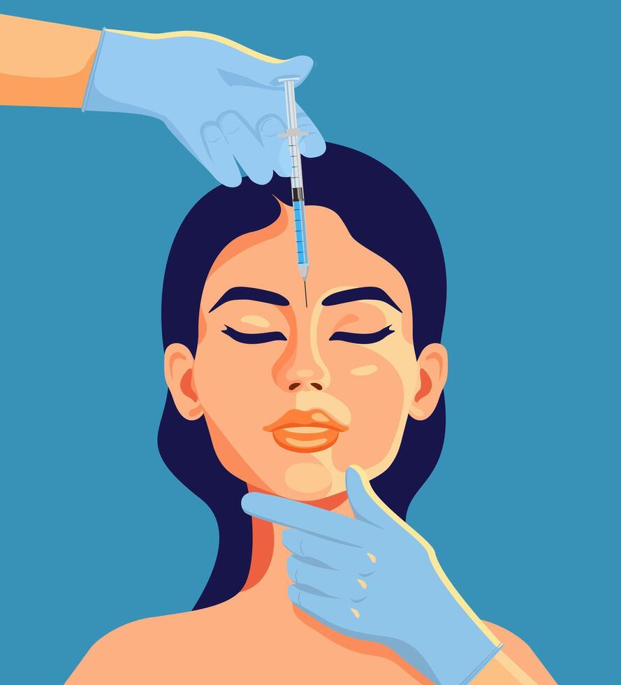 Beauty Injection. Doctor hands in gloves with syringe. Beauty, cosmetology, anti-aging concept. Female rejuvenating mesotherapy. Neurotoxin injection. Hyaluronic acid facial injections vector