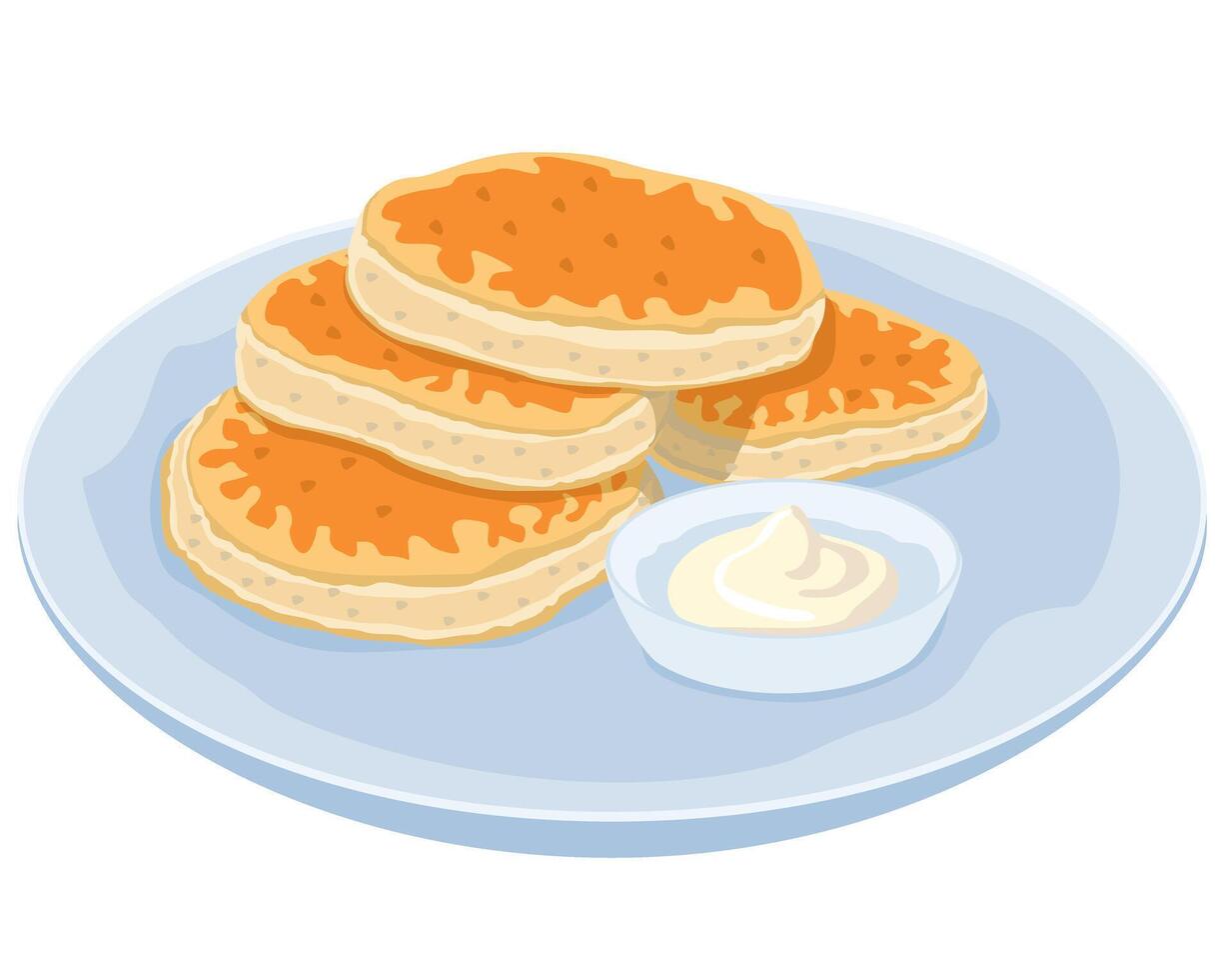Cheesecakes, Cheese pancakes, syrniki. Tasty pancakes with sour cream or cream vector