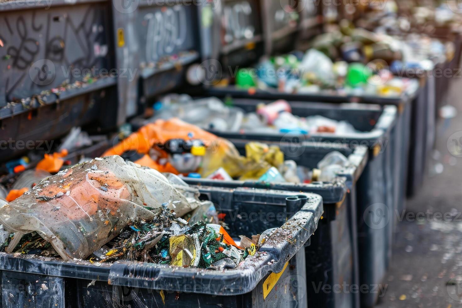 Urban waste management showing overflowing trash bins filled with plastic and garbage photo