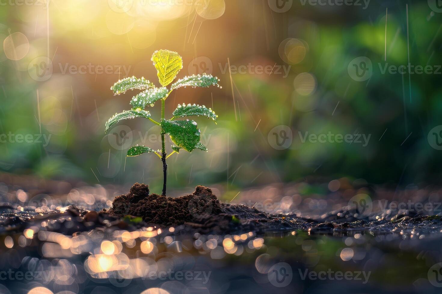 A young seedling in the soil, illuminated by sunlight during a rainstorm photo