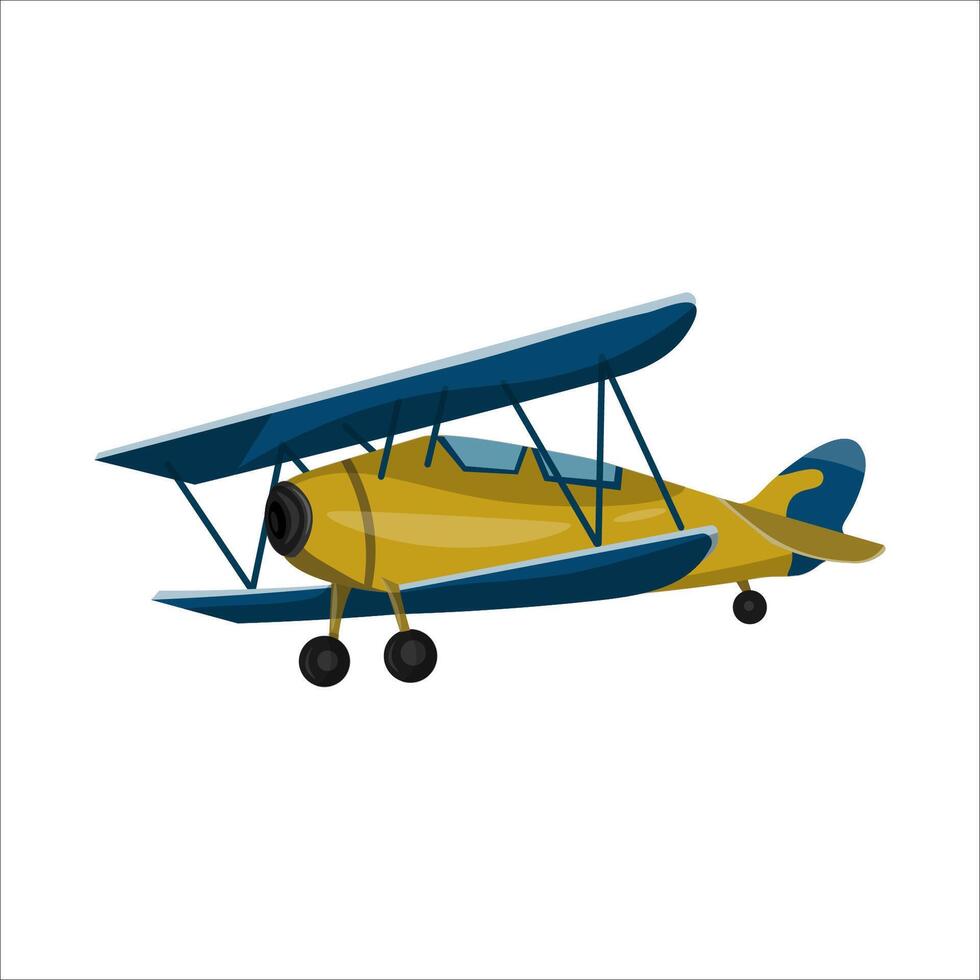 Children transport illustration. Yellow retro biplane airplane on a white background. Isolated illustration. vector
