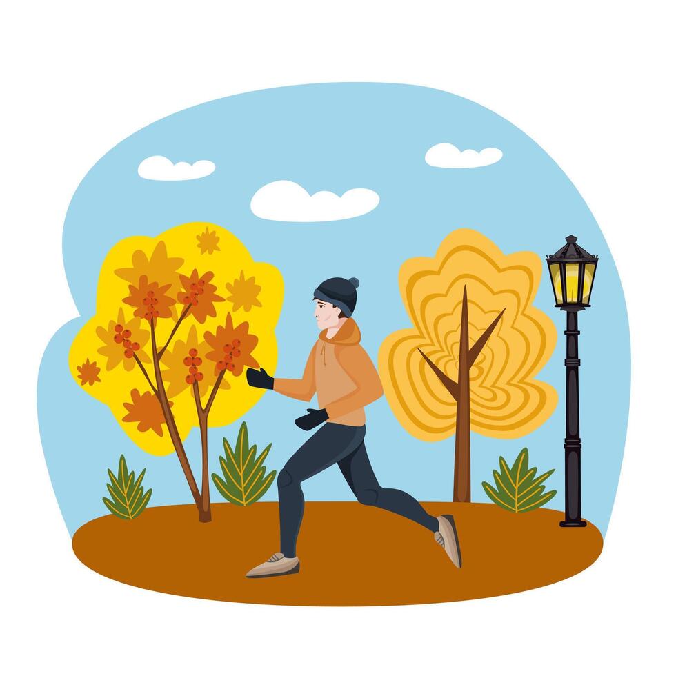 Autumn people park. A man runs through an autumn park in warm clothes. Jogging in the forest. Autumn landscape. Sports in autumn. vector