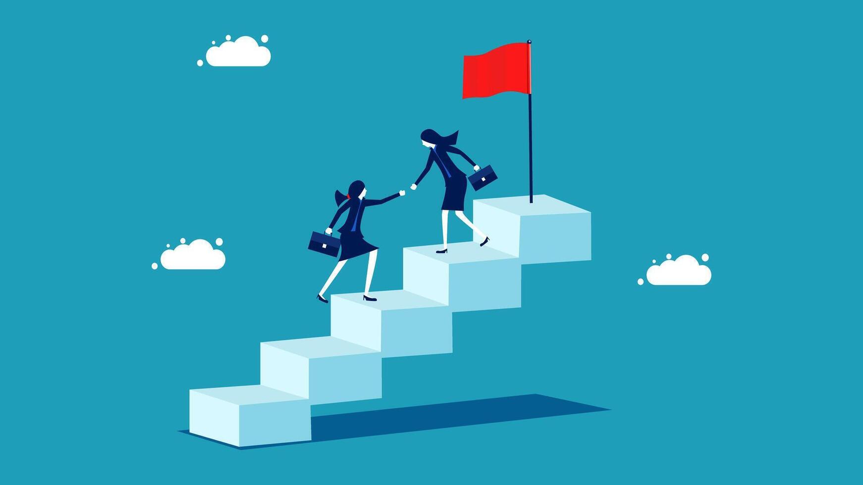 two business people are climbing up a ladder to reach the top of a red flag vector
