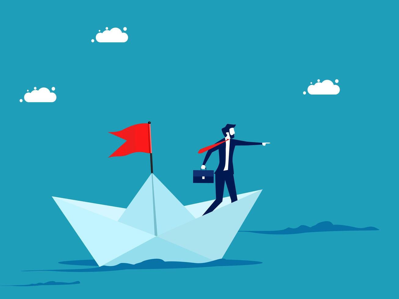businessman on paper boat with red flag vector