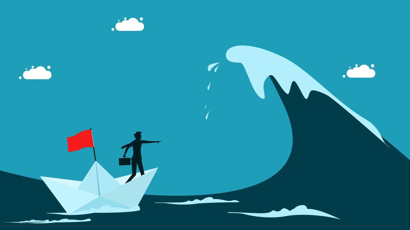 businessman on paper boat with red flag in front of wave vector