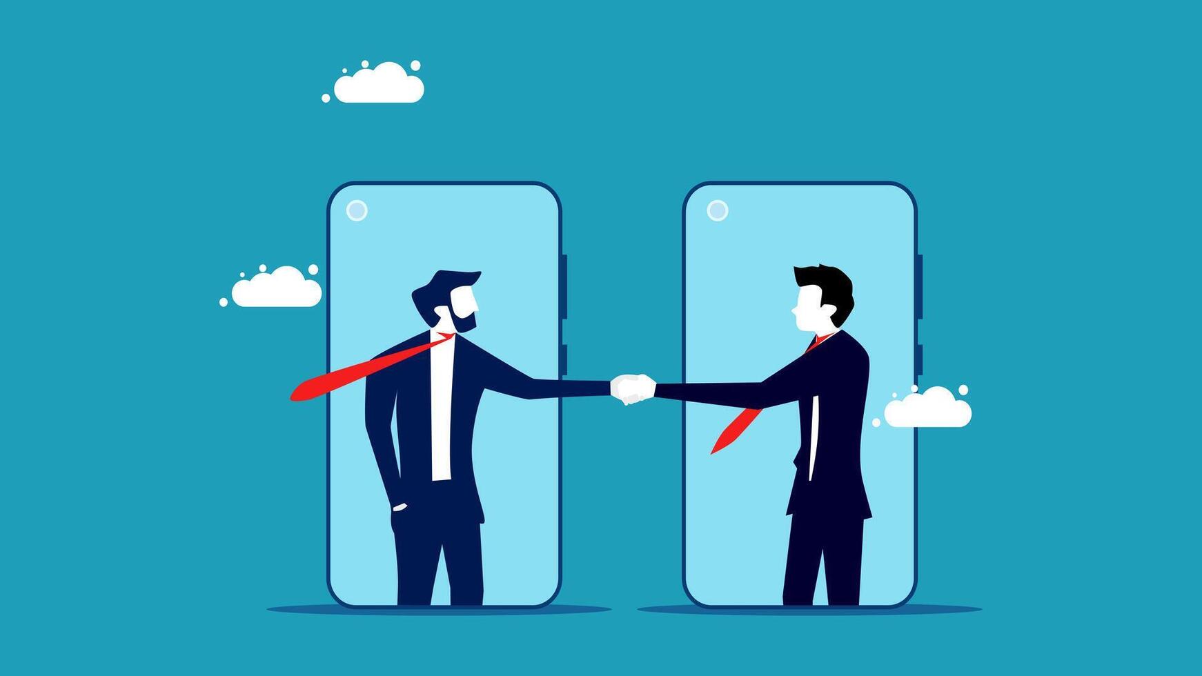 two businessmen shaking hands with each other in front of a smartphone vector