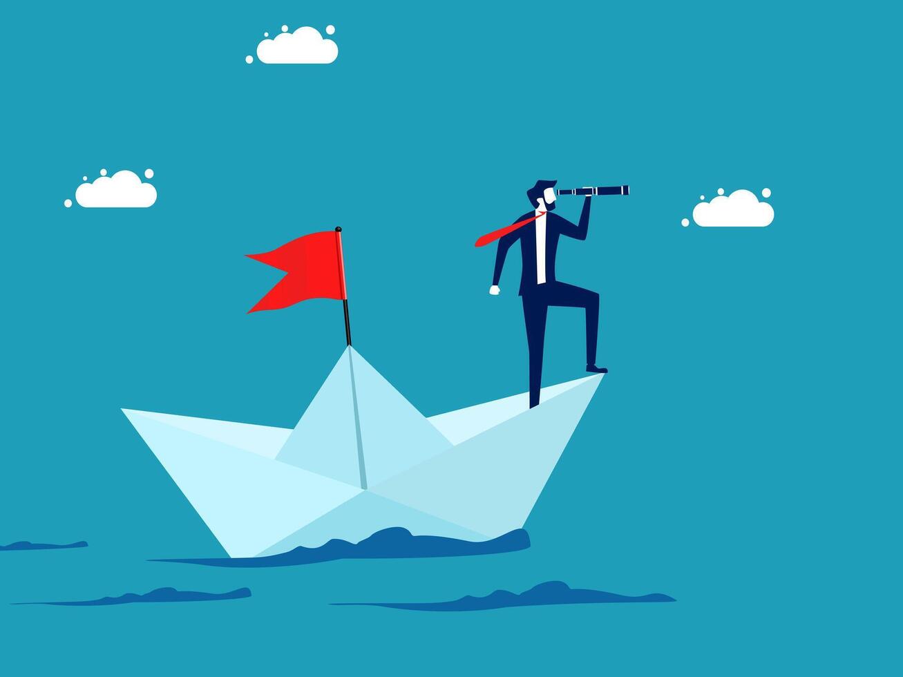 businessman on paper boat with red flag and binoculars vector