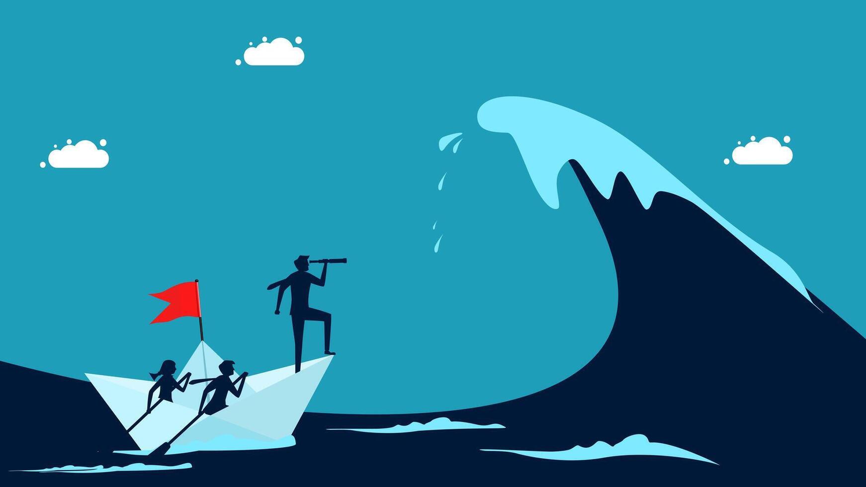 businessman on paper boat with red flag in ocean with wave vector