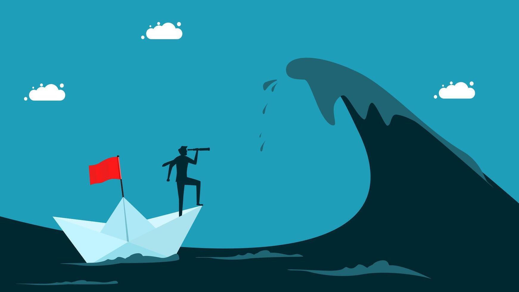 businessman on paper boat looking at a wave vector
