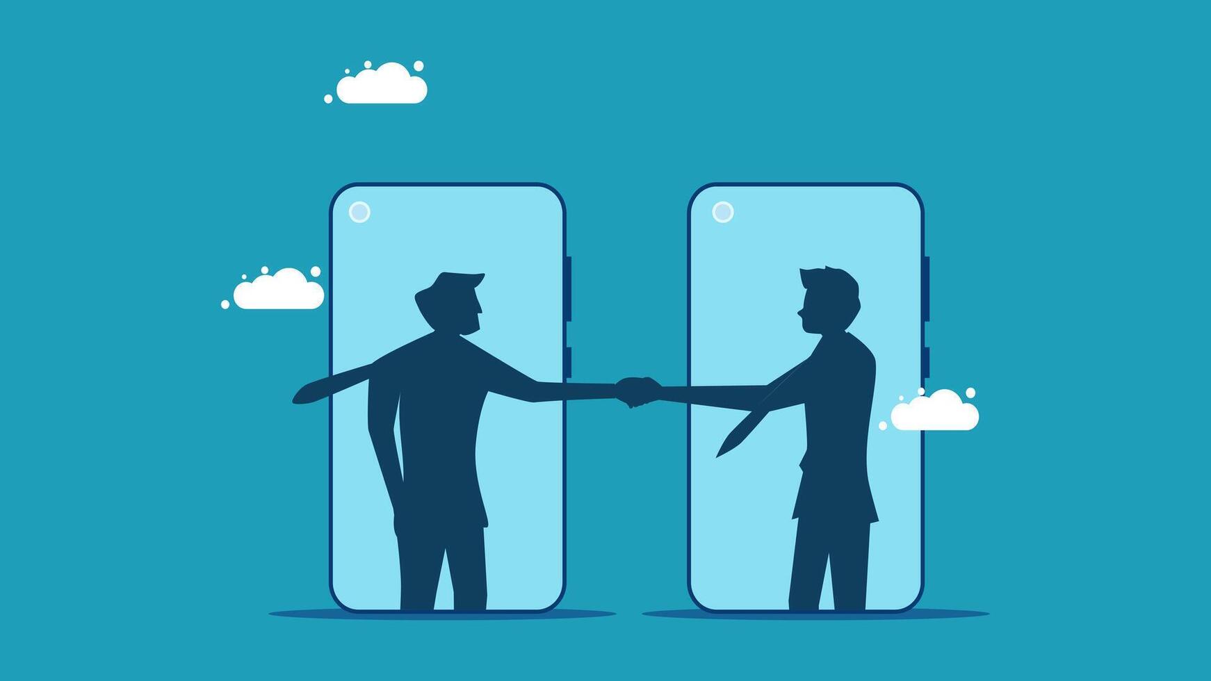 two people shaking hands in front of a smartphone vector