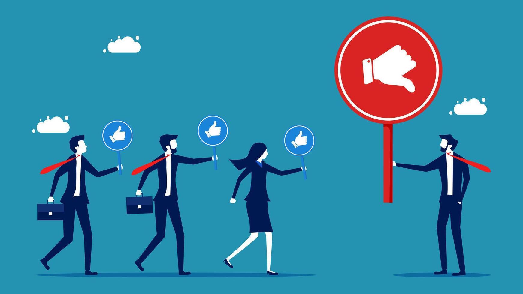 business people walking in front of a sign with thumbs up and down vector