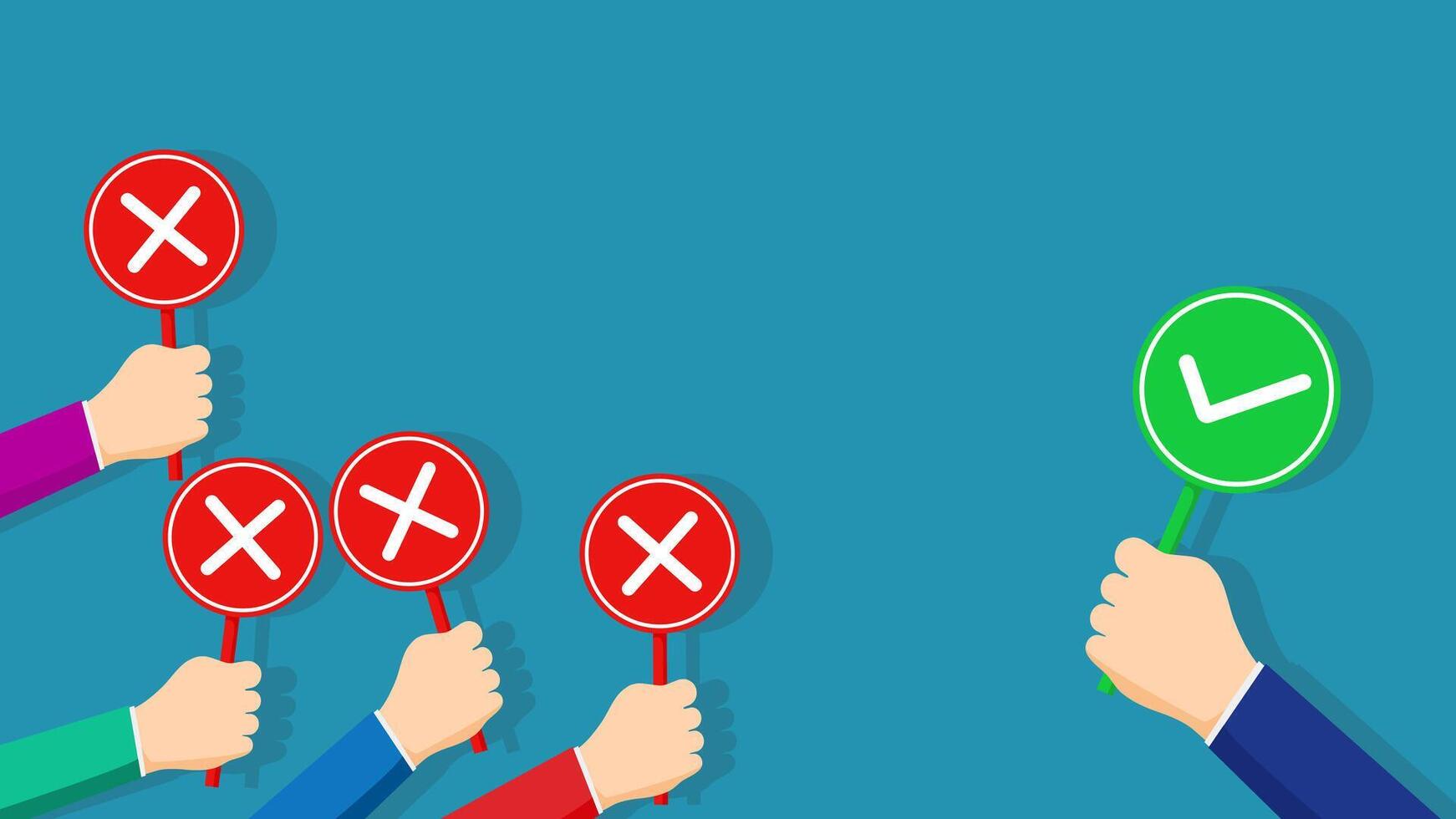 hands holding up red and green signs with crossed out ticks vector