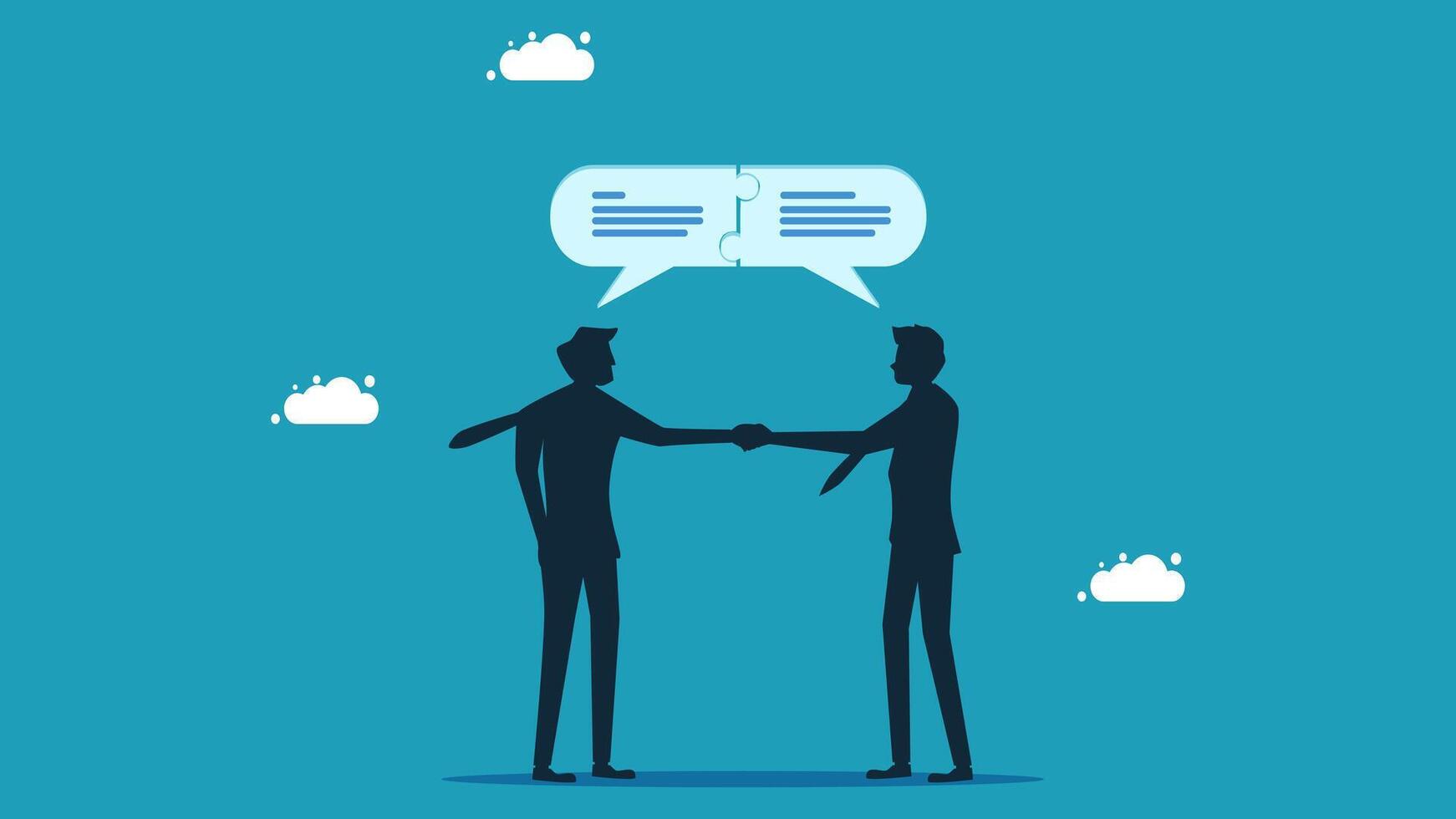 two businessmen shaking hands with speech bubbles above them vector