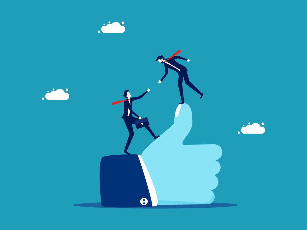 two businessmen are holding hands on a thumb up vector