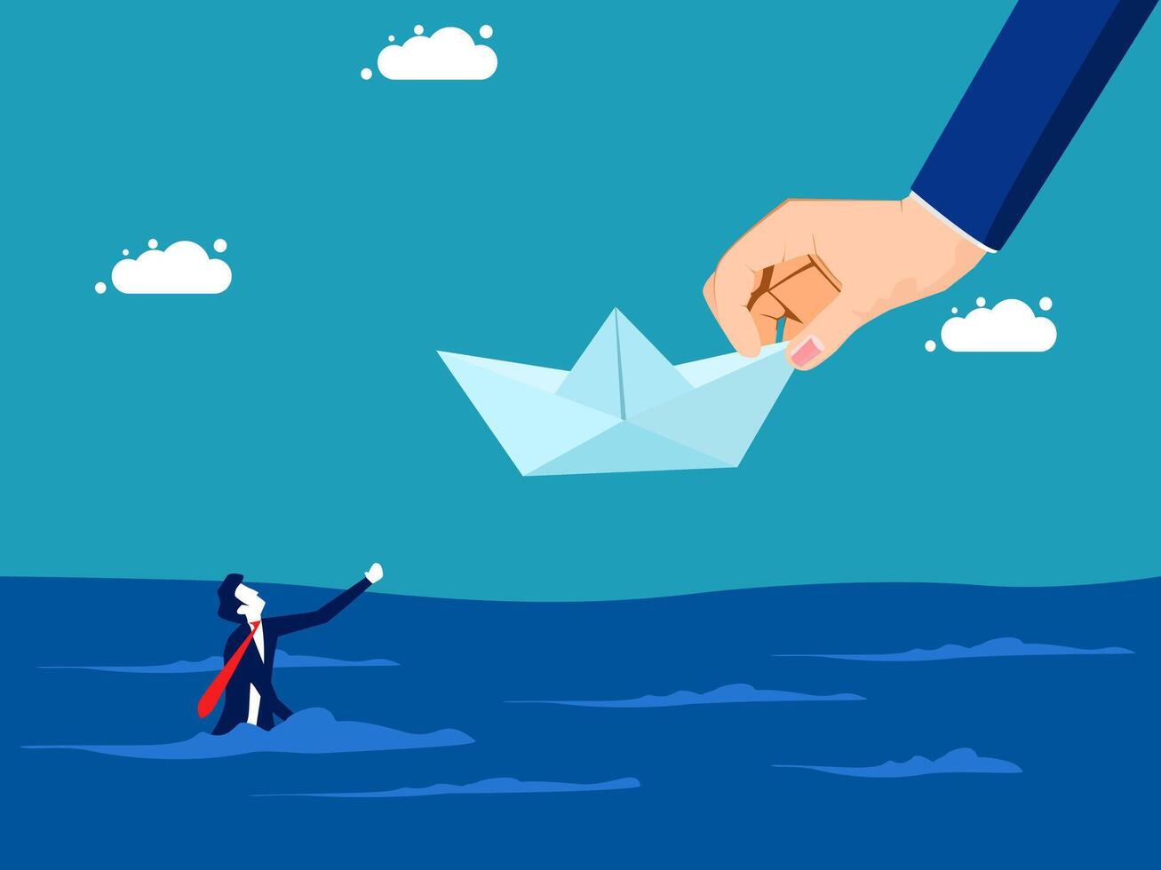 businessman in a boat with paper boat and a hand reaching for it vector